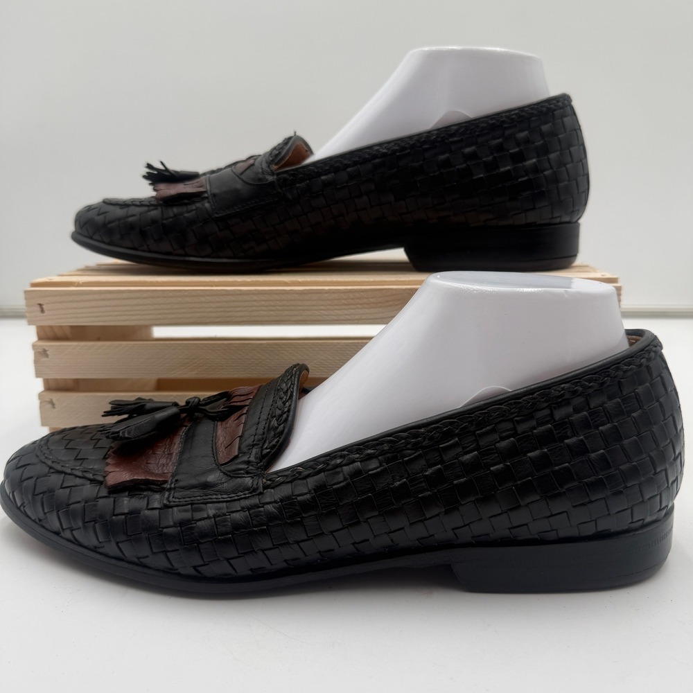 Cable & Co Tassel Loafers Mens 10.5 Black Tan Woven Leather‎ Italy Dress